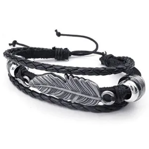 Men Women Leather Bracelet, 7-9 inch Adjustable Feather Bangle, Black Silver