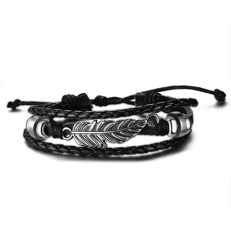 Men Women Leather Bracelet, 7-9 inch Adjustable Feather Bangle, Black Silver