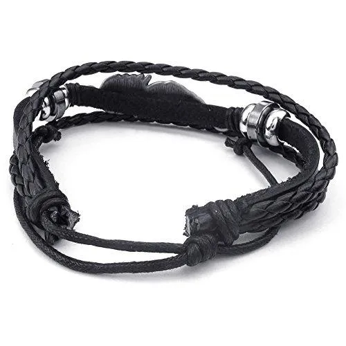 Men Women Leather Bracelet, 7-9 inch Adjustable Feather Bangle, Black Silver