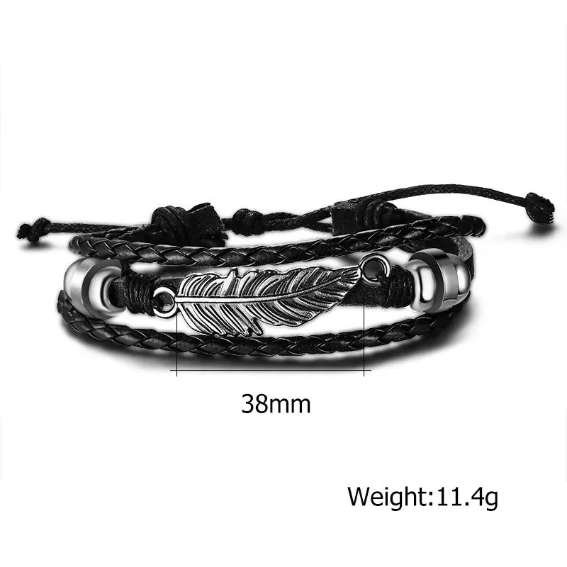 Men Women Leather Bracelet, 7-9 inch Adjustable Feather Bangle, Black Silver