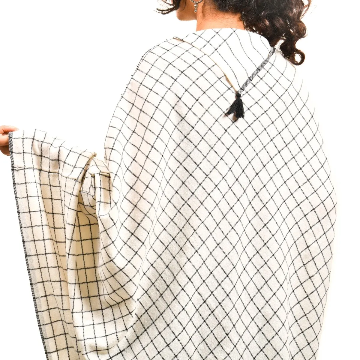 Merino Wool Ecru Check Cape