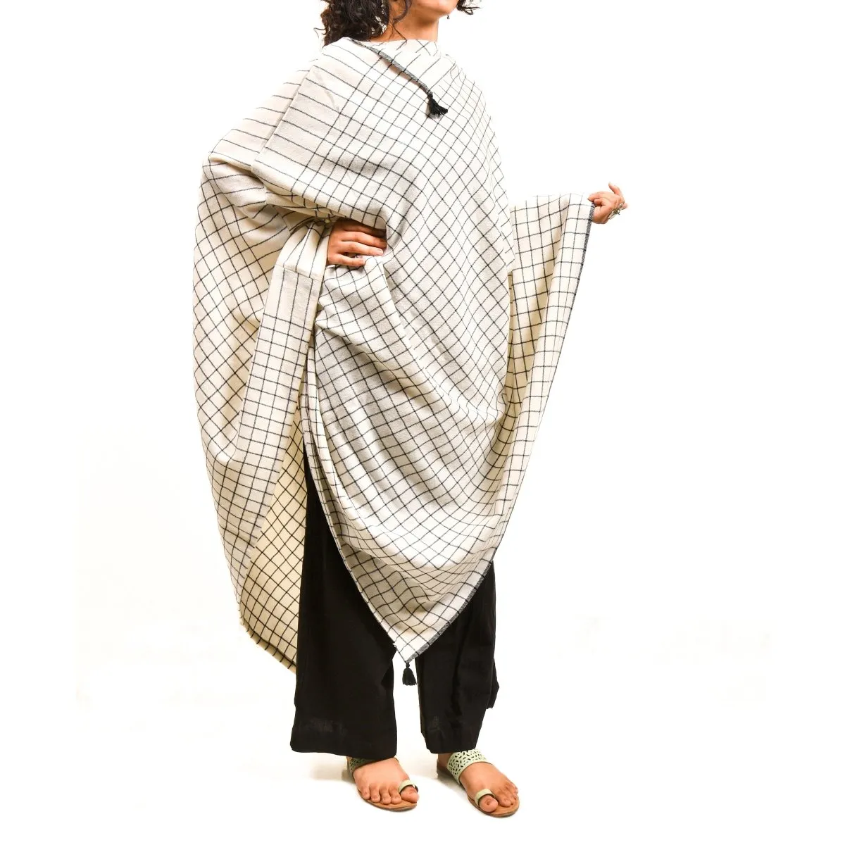 Merino Wool Ecru Check Cape