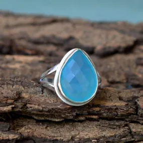 Natural Aqua Blue Chalcedony Gemstone Ring, Bezel Ring, 925 Sterling Silver Ring, Pear Ring, Bezel Ring, Artisan Gift Ring, Birthstone Ring. Chalcedony Jewelry, Nickel Free