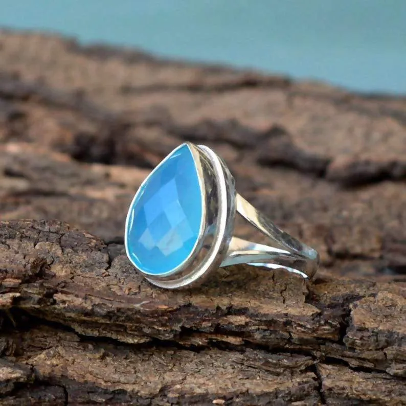 Natural Aqua Blue Chalcedony Gemstone Ring, Bezel Ring, 925 Sterling Silver Ring, Pear Ring, Bezel Ring, Artisan Gift Ring, Birthstone Ring. Chalcedony Jewelry, Nickel Free