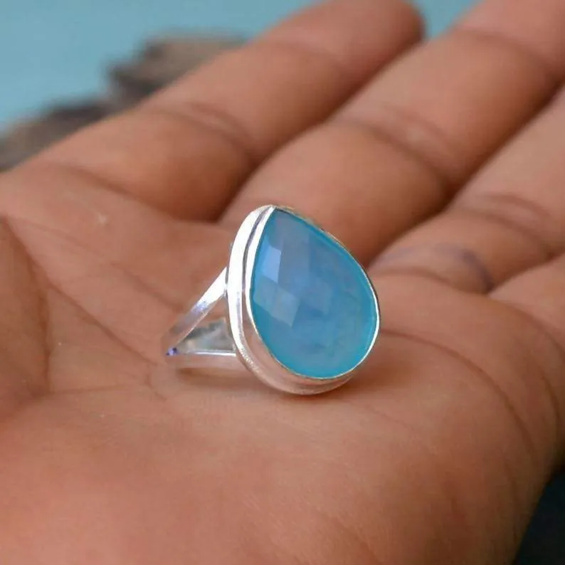 Natural Aqua Blue Chalcedony Gemstone Ring, Bezel Ring, 925 Sterling Silver Ring, Pear Ring, Bezel Ring, Artisan Gift Ring, Birthstone Ring. Chalcedony Jewelry, Nickel Free