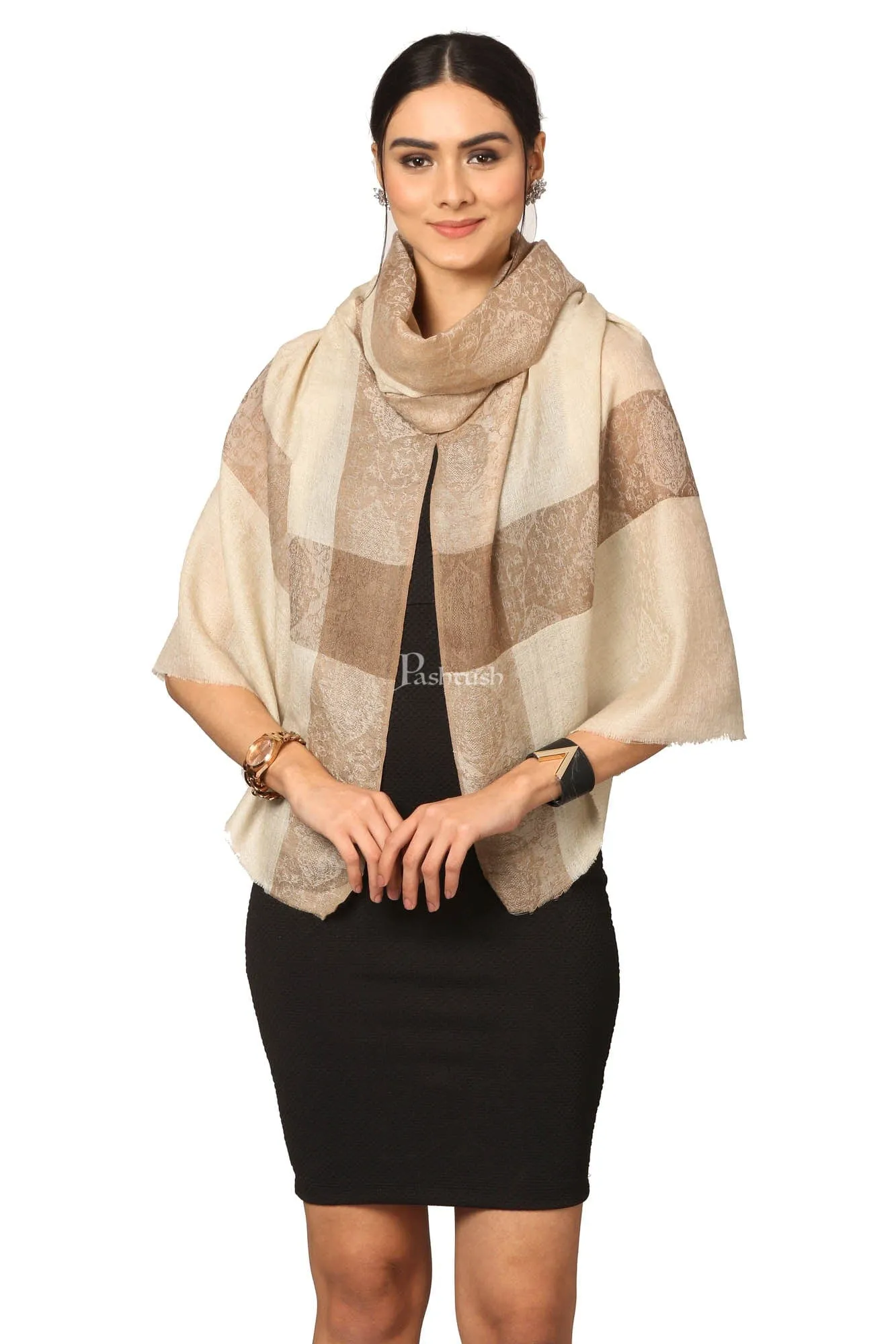 Pashtush Fine Wool Luxury Striped Design Scarf, Stole, Weaving Design - Beige