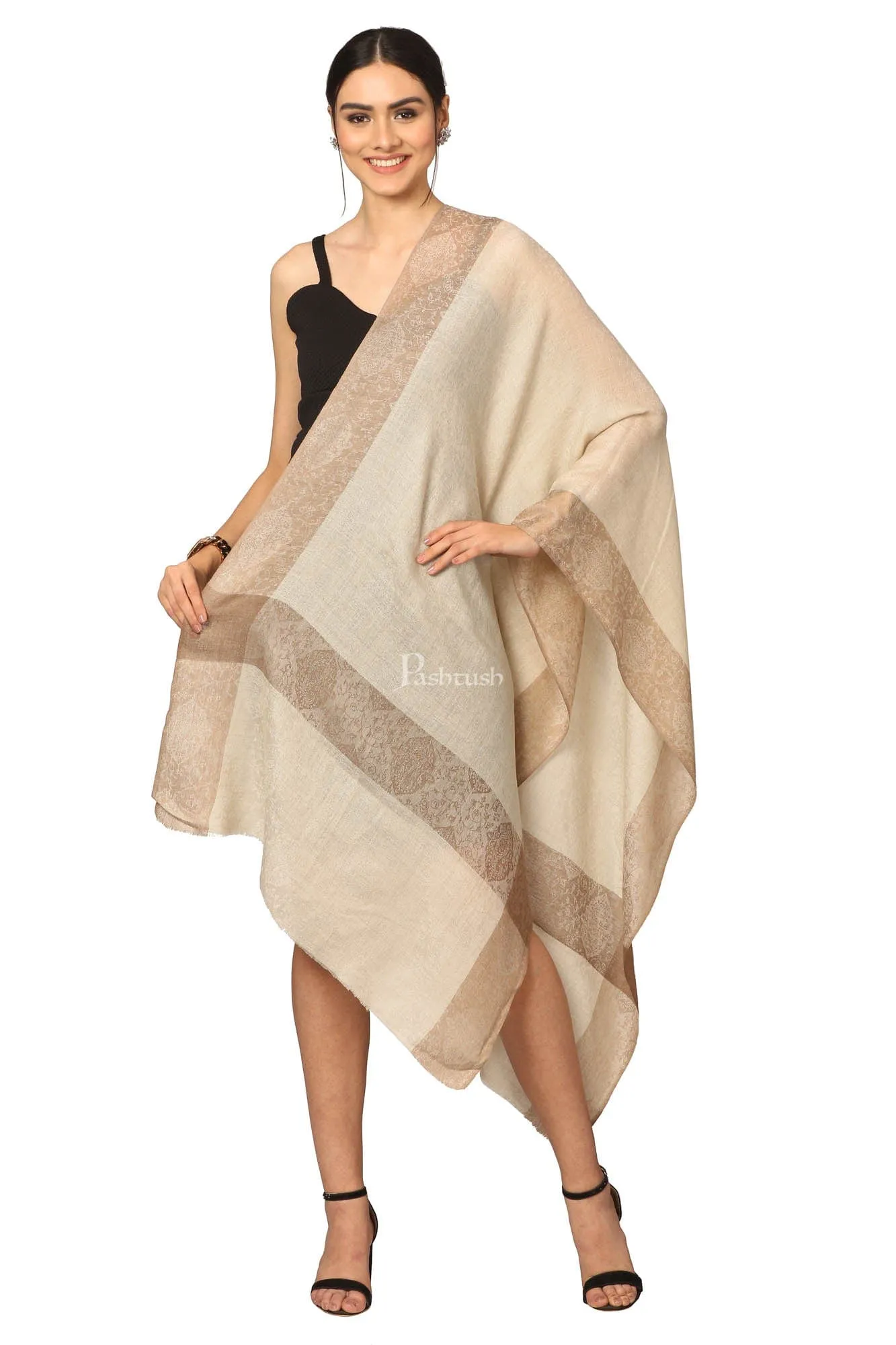 Pashtush Fine Wool Luxury Striped Design Scarf, Stole, Weaving Design - Beige