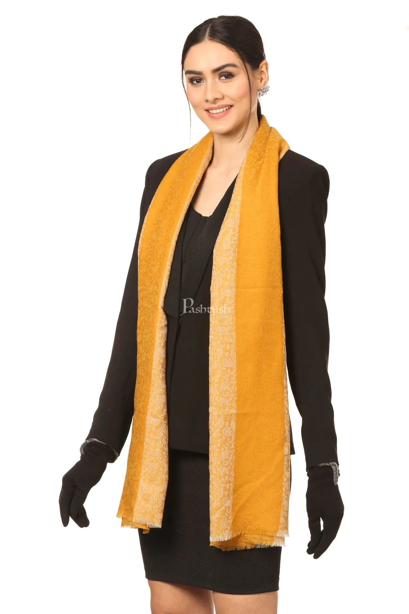 Pashtush Fine Wool Luxury Striped Design Scarf, Stole, Weaving Design - Mustard