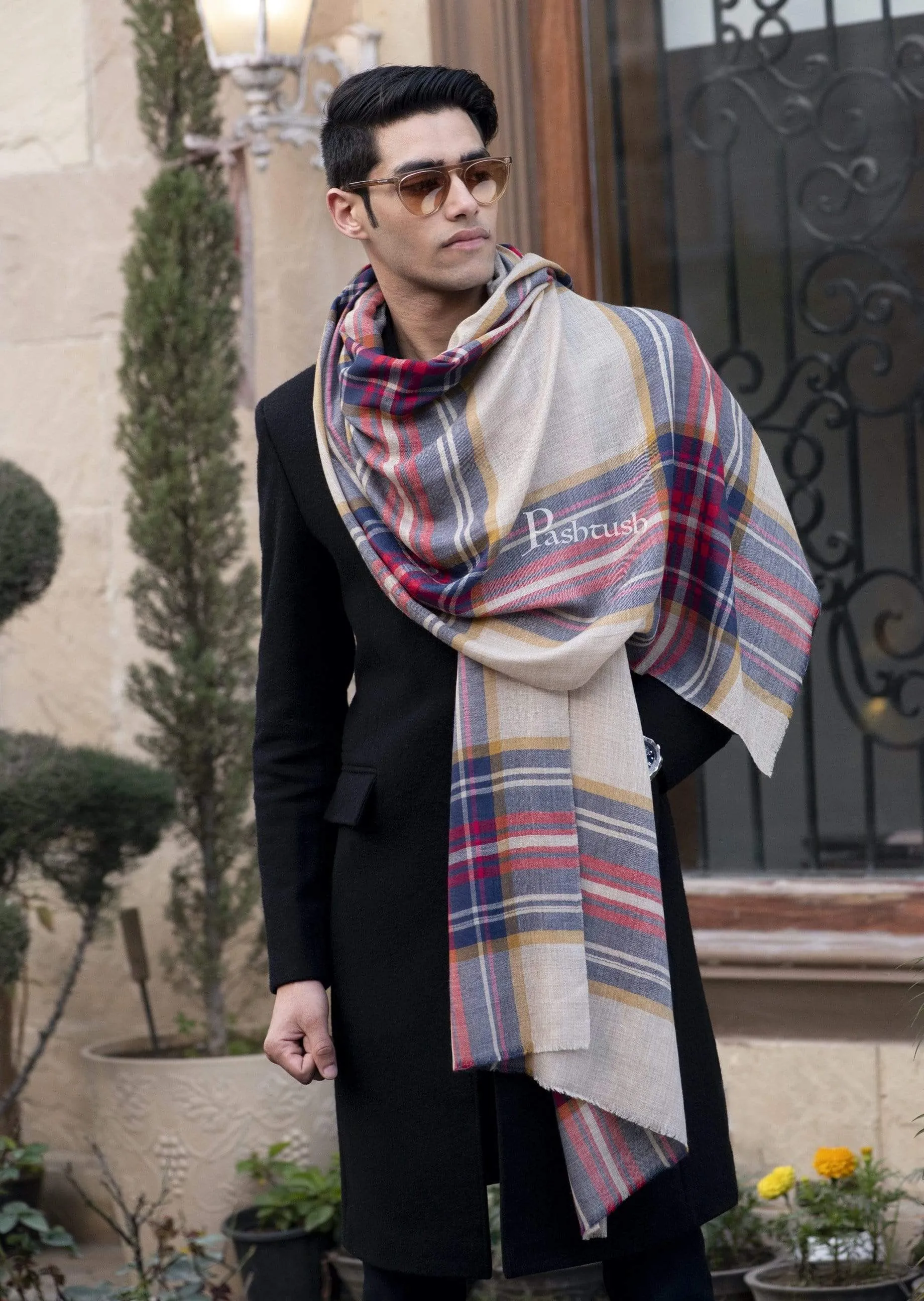 Pashtush Mens Cashmere Wool Checkered Scarf