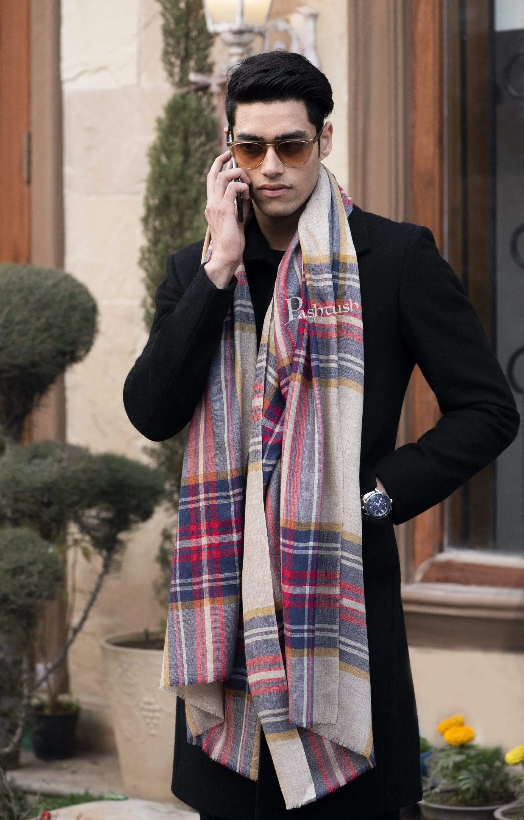 Pashtush Mens Cashmere Wool Checkered Scarf