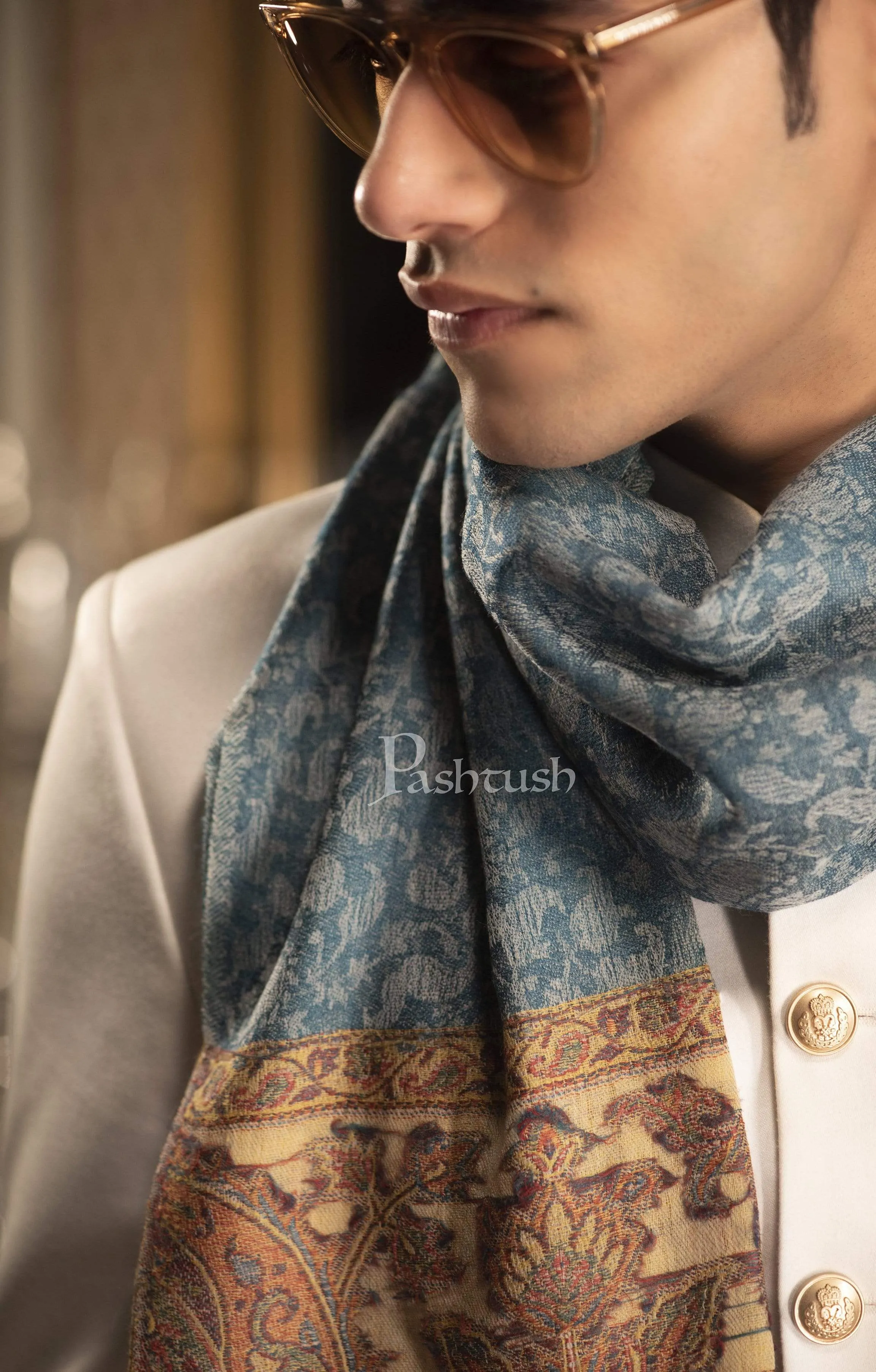 Pashtush Mens Cashmere Wool Scarf, Ethnic Design, Arabic Blue