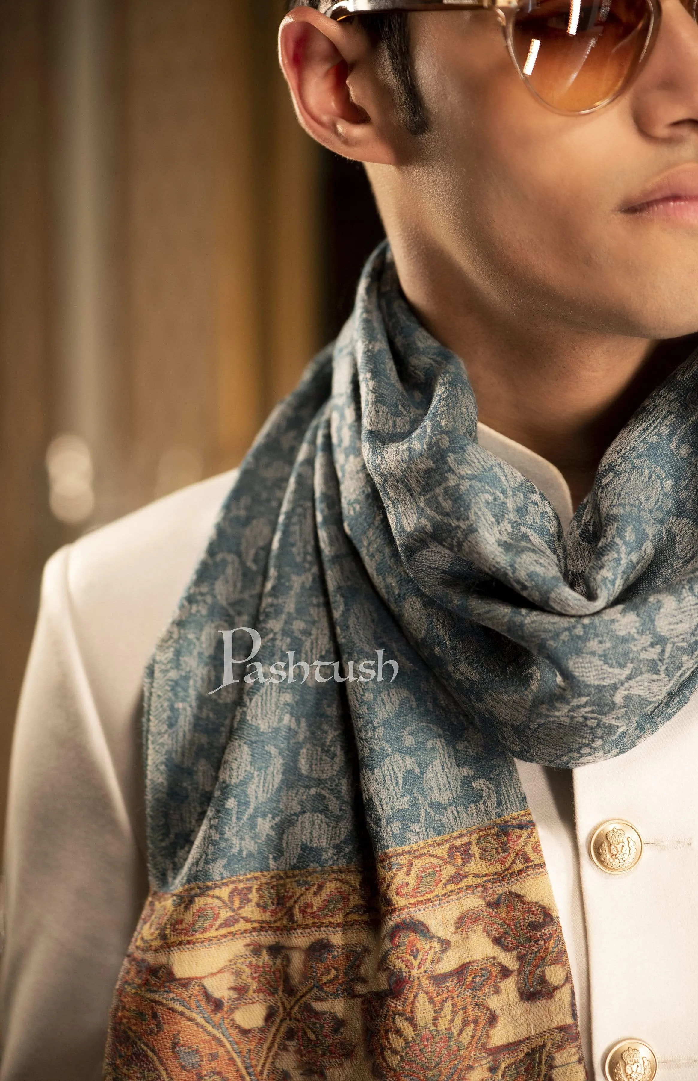 Pashtush Mens Cashmere Wool Scarf, Ethnic Design, Arabic Blue