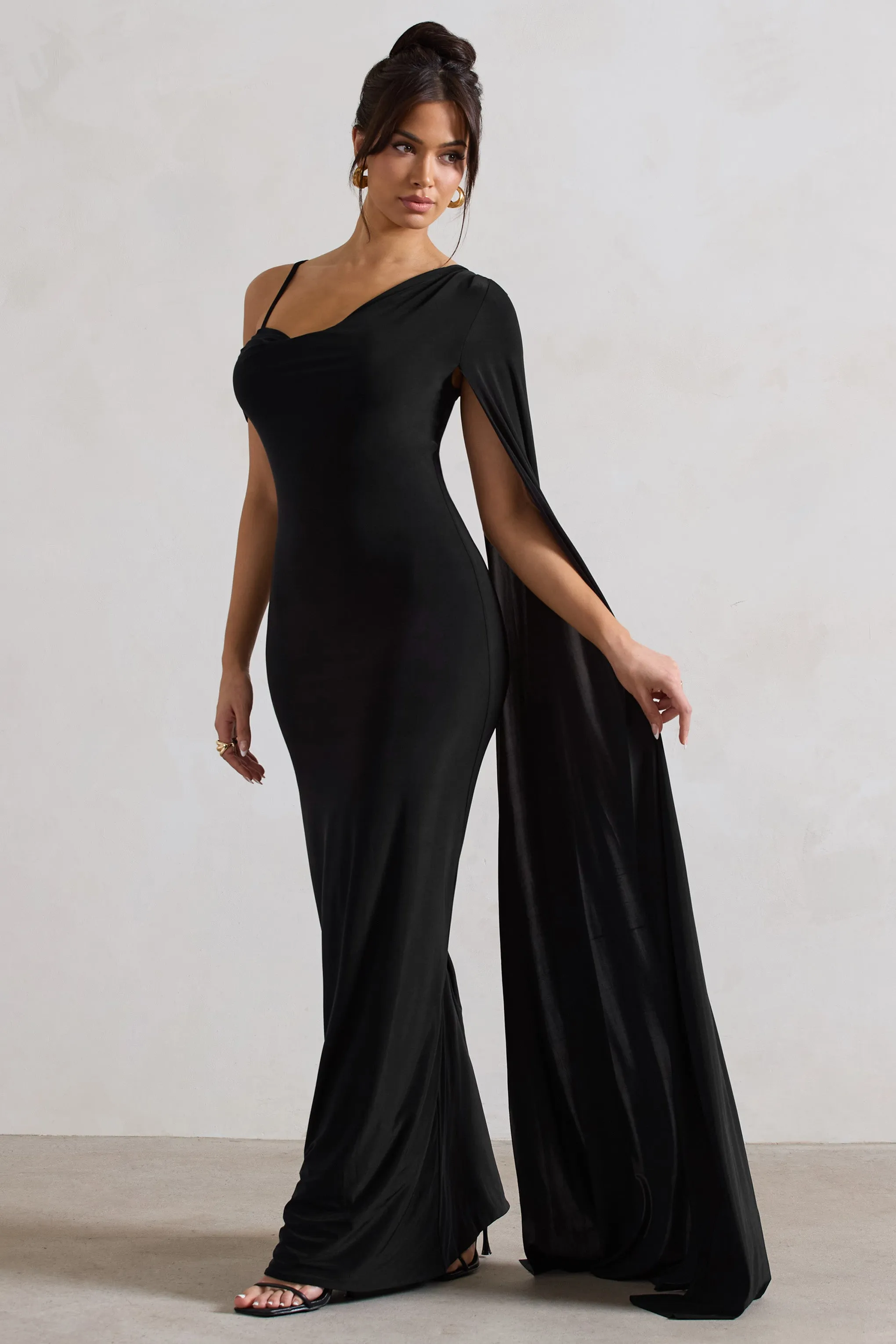 Pedra | Black One Shoulder Cape Sleeve Draped Maxi Dress