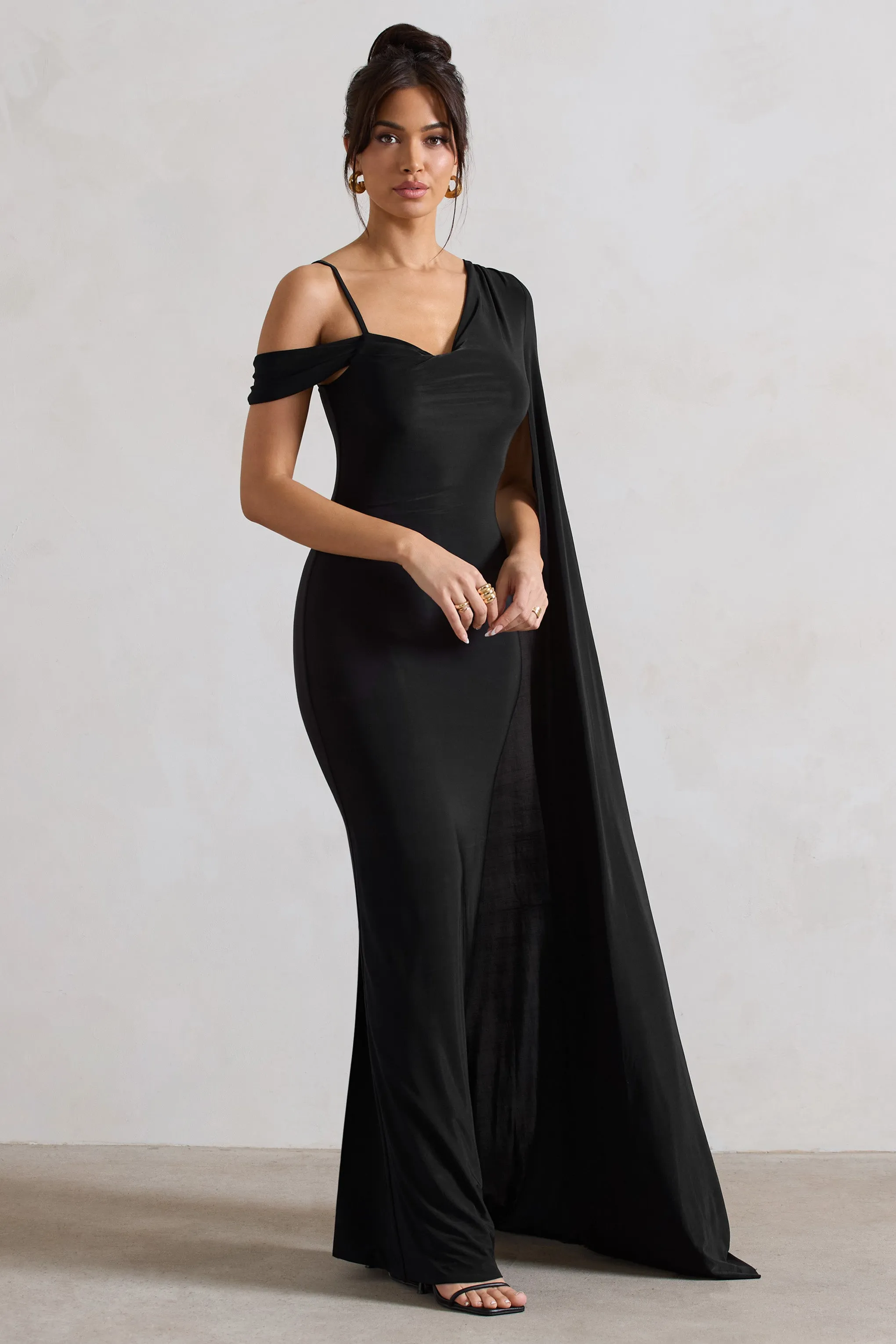 Pedra | Black One Shoulder Cape Sleeve Draped Maxi Dress