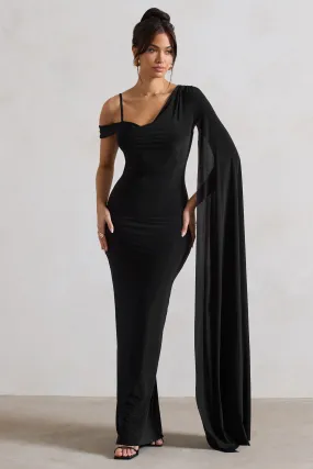 Pedra | Black One Shoulder Cape Sleeve Draped Maxi Dress