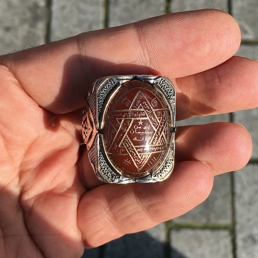 Ring 925 Sterling Silver Seal of Solomon Hand-engraved Carnelian natural gemstone Unique Islamic Talisman Amulet