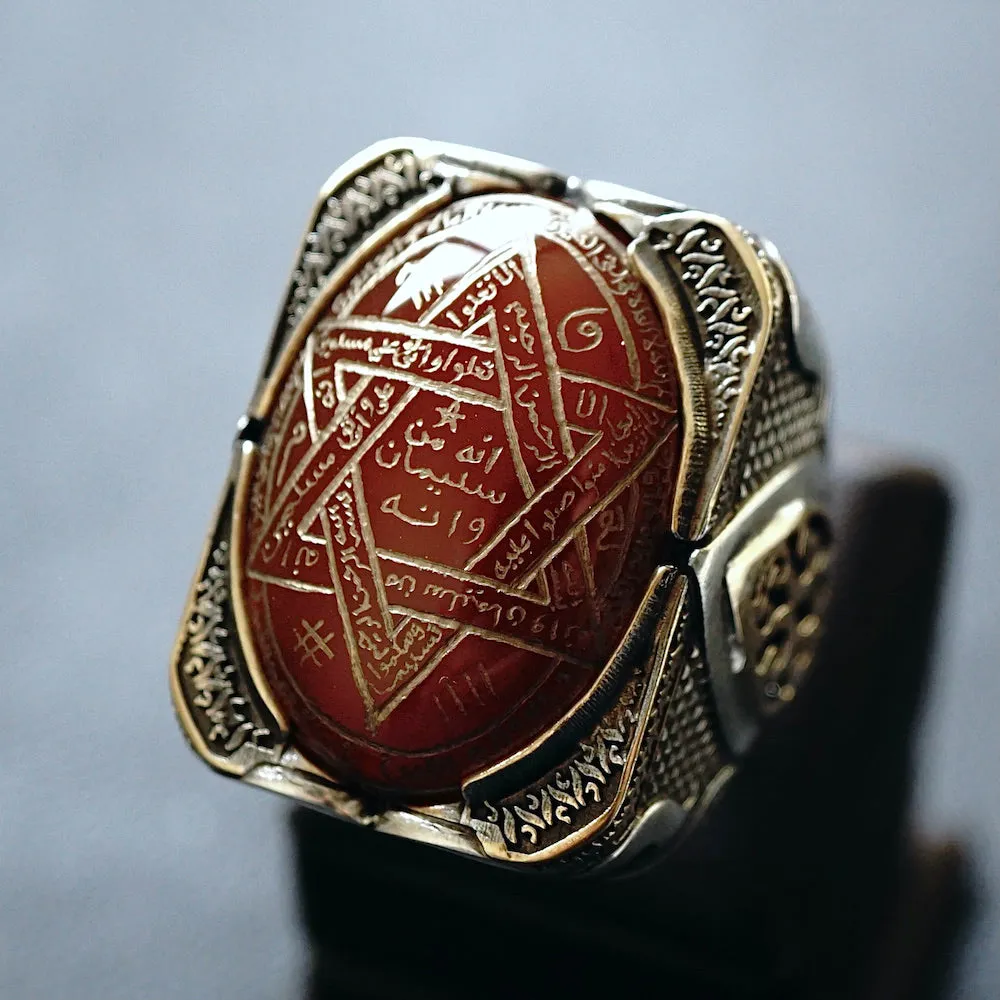 Ring 925 Sterling Silver Seal of Solomon Hand-engraved Carnelian natural gemstone Unique Islamic Talisman Amulet