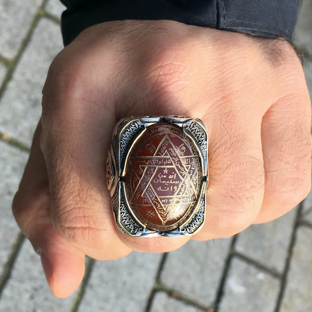 Ring 925 Sterling Silver Seal of Solomon Hand-engraved Carnelian natural gemstone Unique Islamic Talisman Amulet