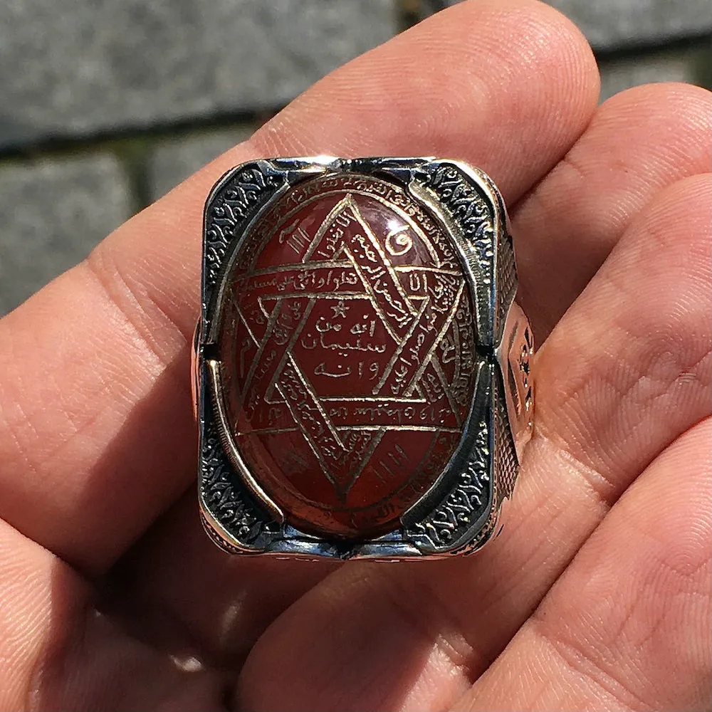 Ring 925 Sterling Silver Seal of Solomon Hand-engraved Carnelian natural gemstone Unique Islamic Talisman Amulet