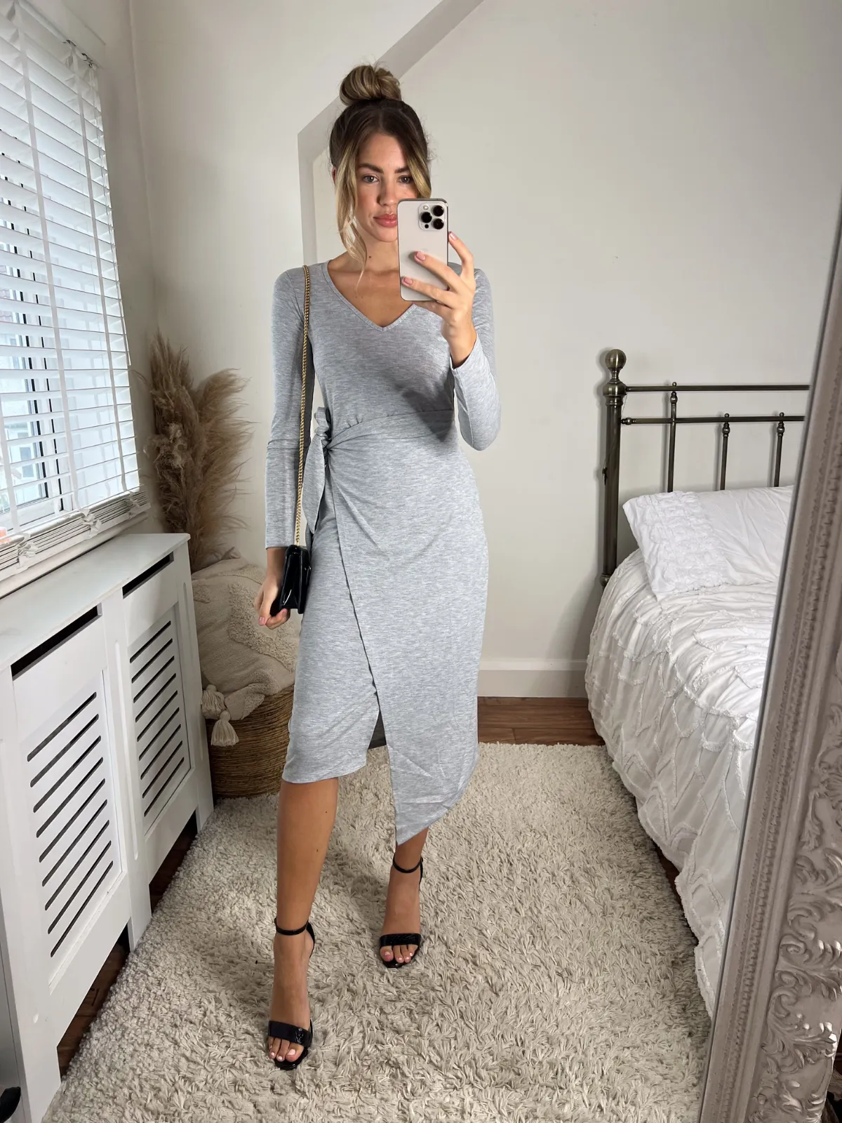 Selena V Neck Jersey Wrap Midi Dress / Grey