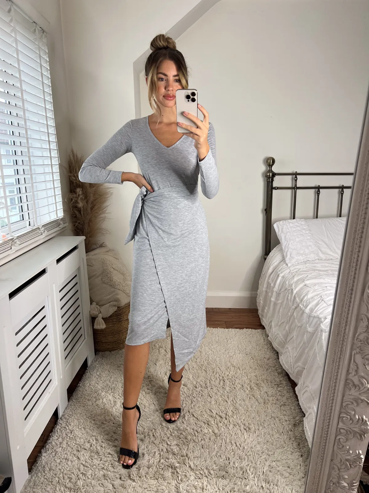 Selena V Neck Jersey Wrap Midi Dress / Grey