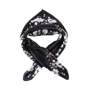 Small Square Silk Scarf Neckerchief Black Theme Floral Print XFJ229