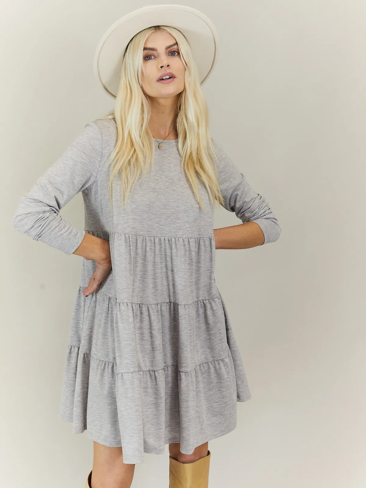 Stef Tiered Jersey Smock Dress / Grey