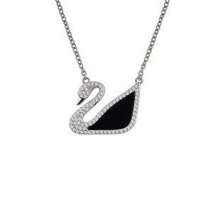 Sterling Silver Onyx Swan Halo Necklace