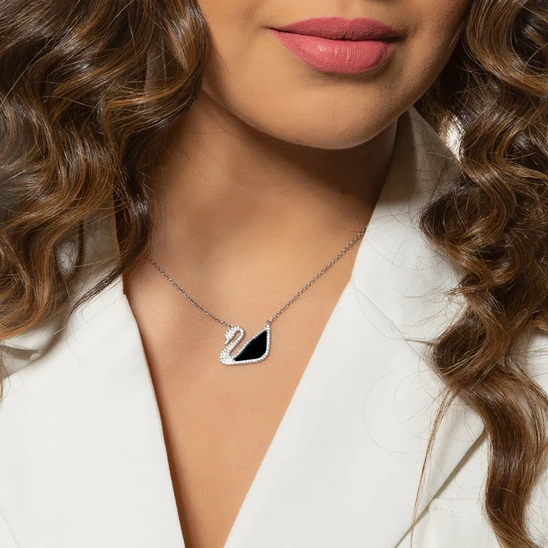 Sterling Silver Onyx Swan Halo Necklace