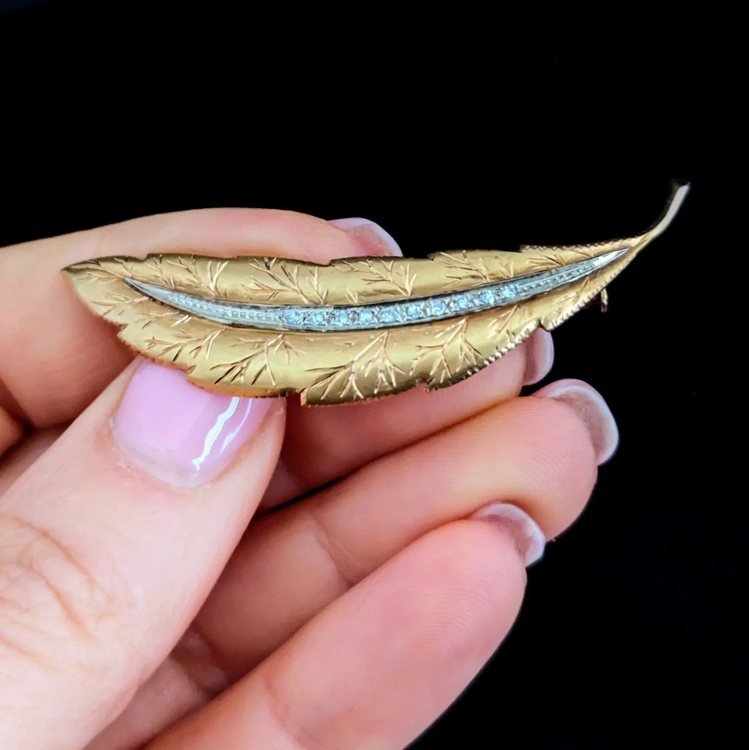 The Aiken - Vintage Diamonds 14k Gold Leaf Brooch Retro Era