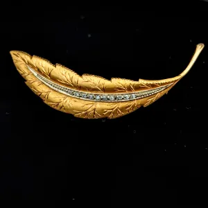 The Aiken - Vintage Diamonds 14k Gold Leaf Brooch Retro Era