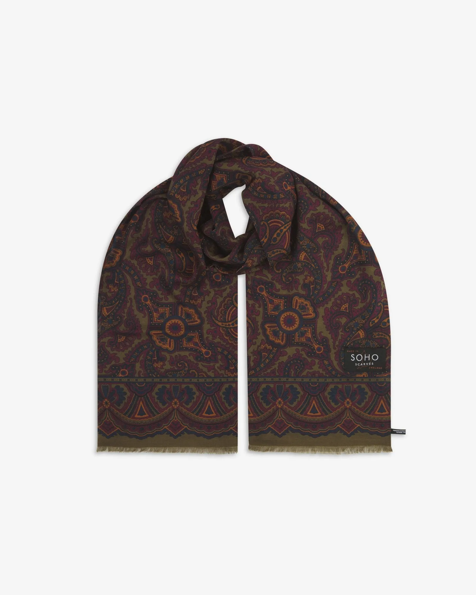 UK Wool and Silk Scarf - Paisley in Highland Green