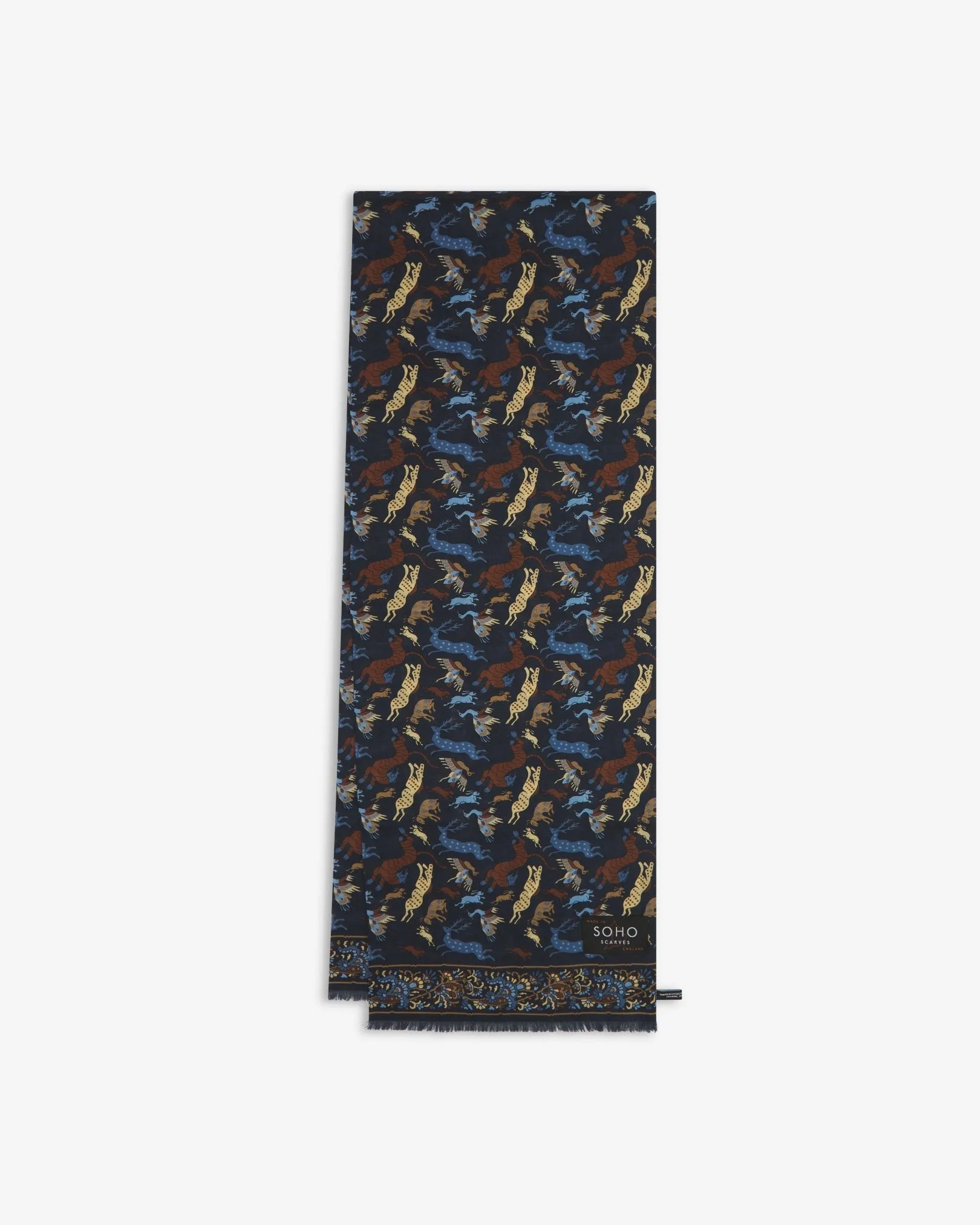 UK Wool and Silk Scarf - Woodland Creatures in Airforce Blue