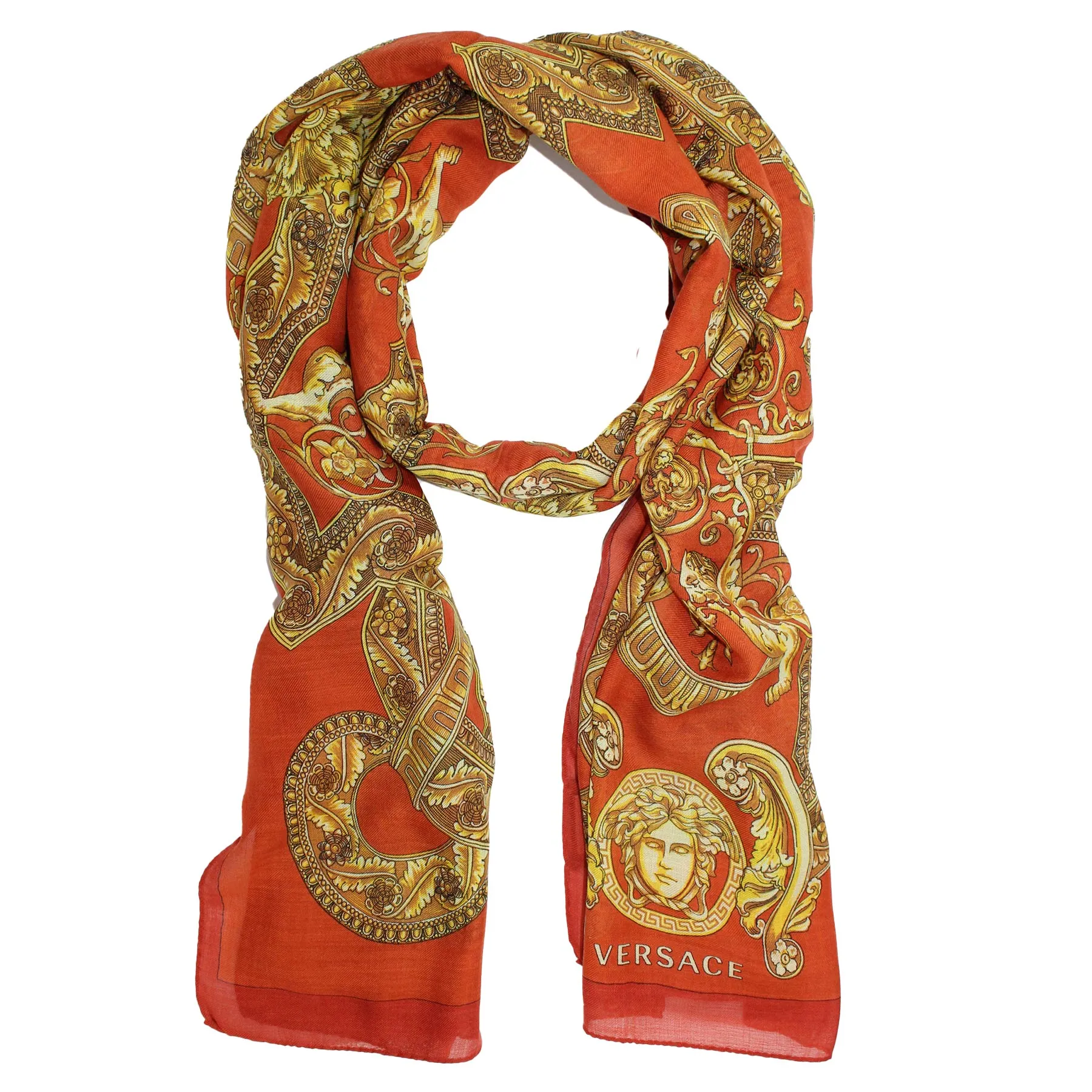 Versace Scarf Orange Gold Signature Baroque & Medusa  - Wool Silk Shawl SALE