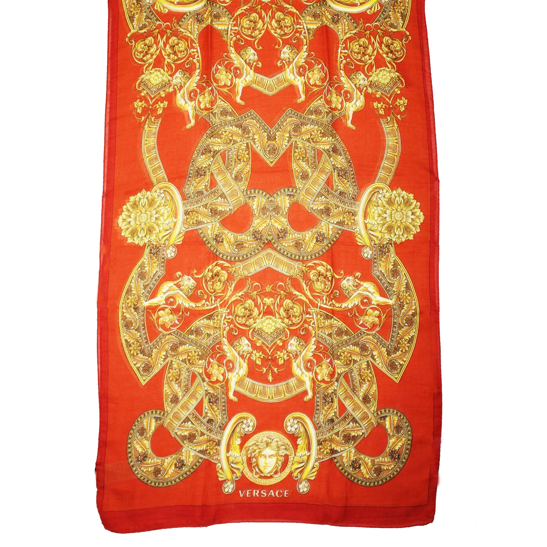 Versace Scarf Orange Gold Signature Baroque & Medusa  - Wool Silk Shawl SALE