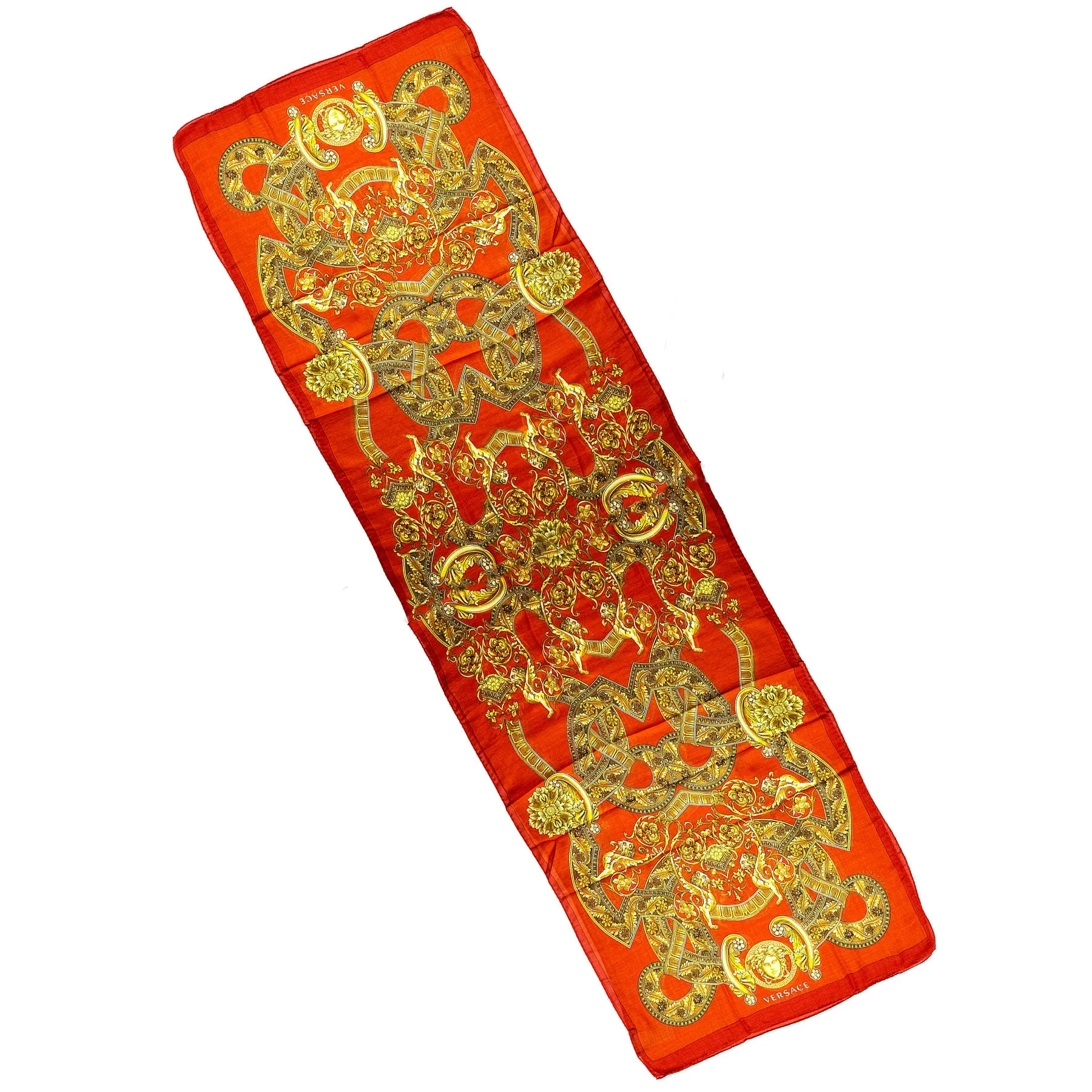 Versace Scarf Orange Gold Signature Baroque & Medusa  - Wool Silk Shawl SALE