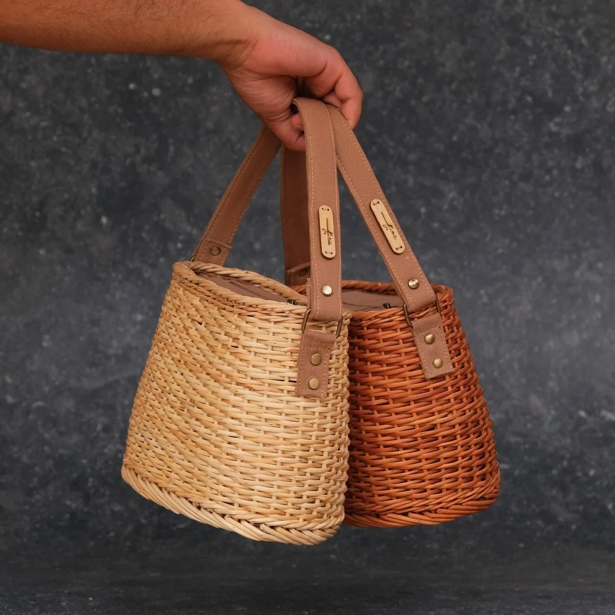 Wicker Basket Bag From Kashmir in Tan Colour- Small