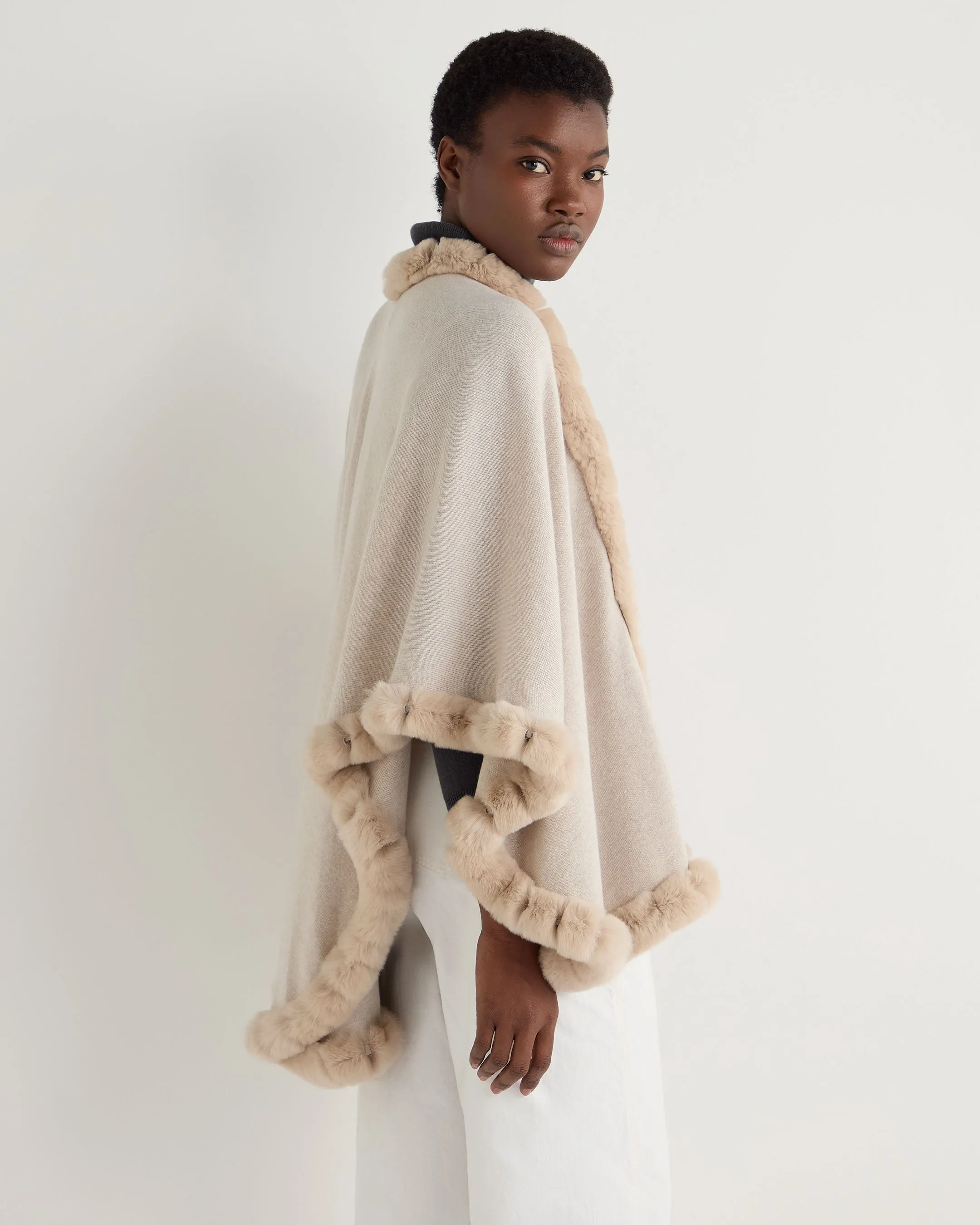 Women's Ayla Fur Trim Cashmere Cape Ecru White