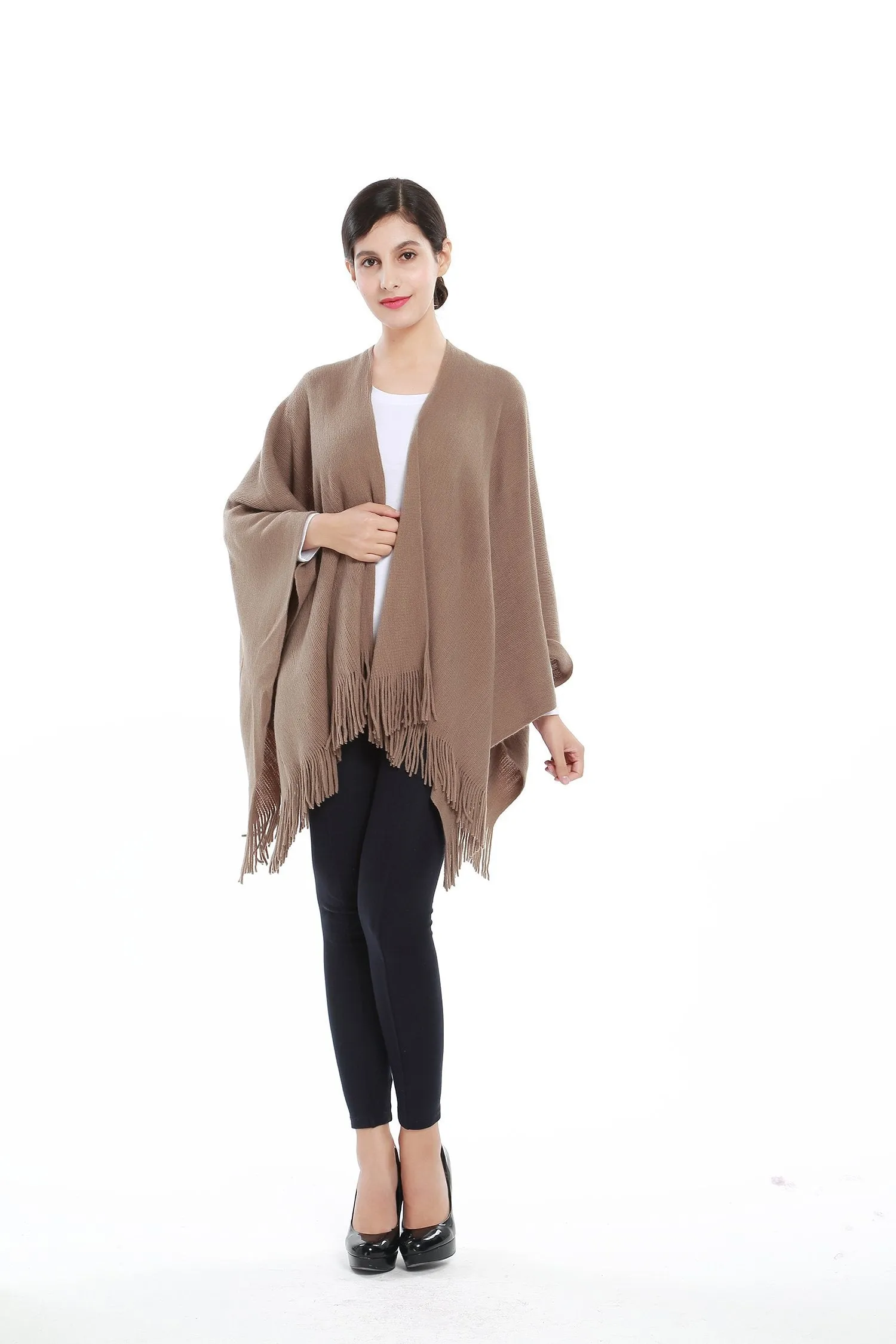 Women's Knitted Kimono Cardigan Cape Solid Brown Color CAR201