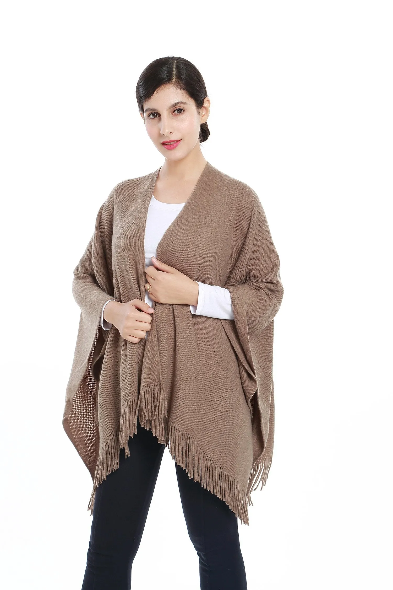 Women's Knitted Kimono Cardigan Cape Solid Brown Color CAR201